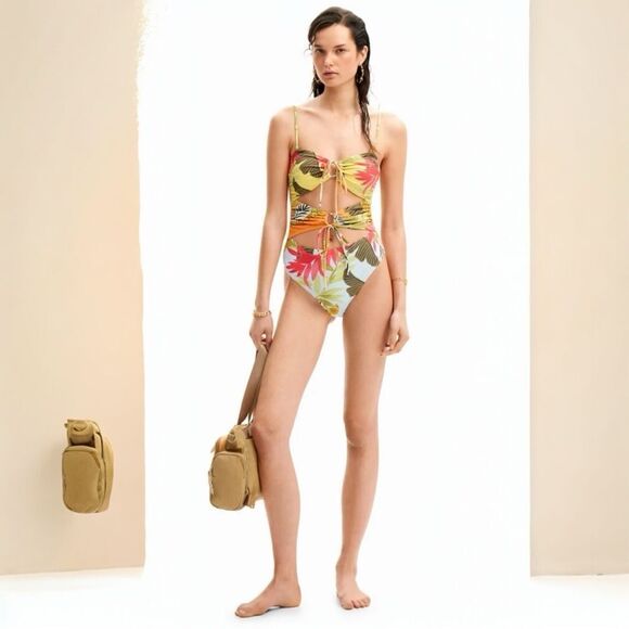 Aerie Swimsuit size medium Floral Cut Out Triple Knot Strapless One Piece Cheeky - Picture 1 of 5